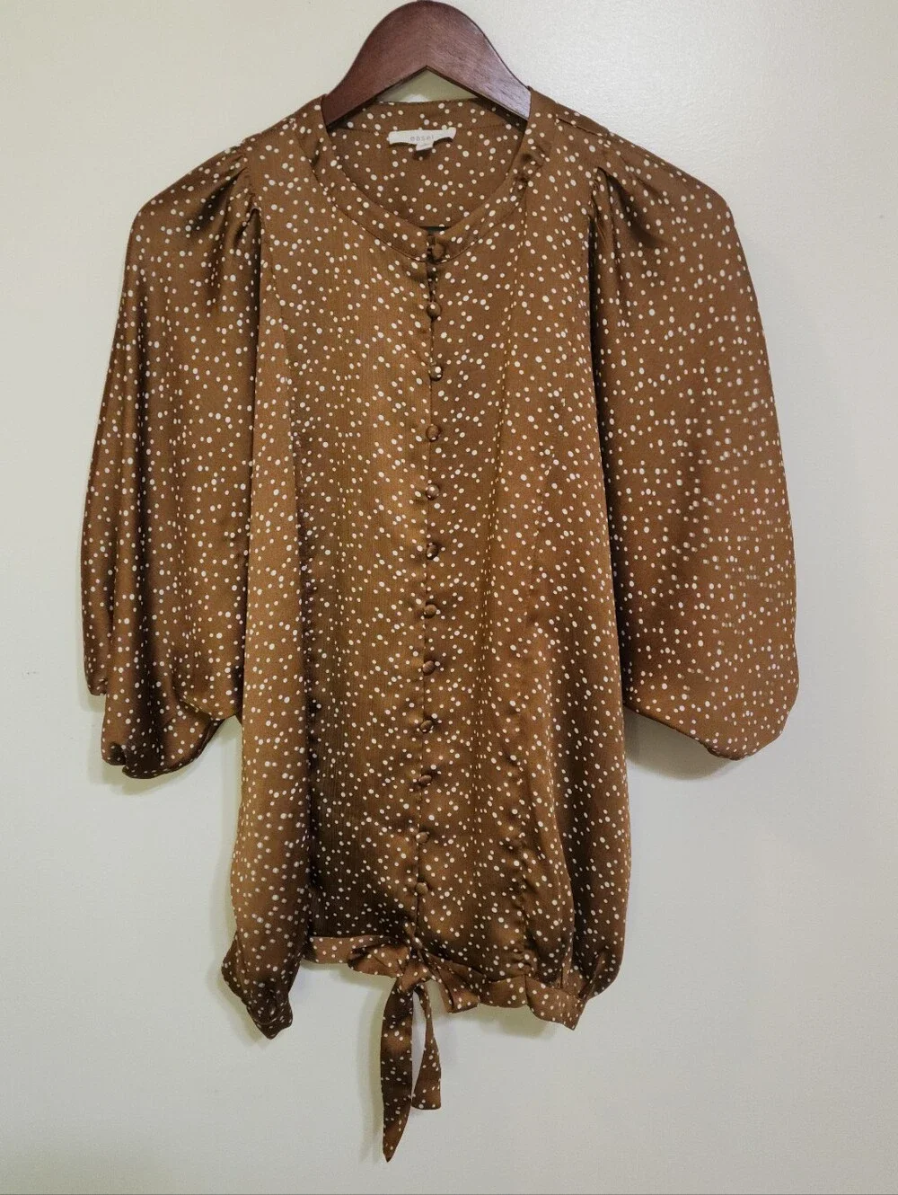 Puff Sleeve Top Women S Brown Polka Dot Bubble Print Satin Feel Oversided Easel - Picture 1 of 8